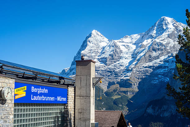 Murren, Swtzerland - October 2, 2025: A german sign for Laterbrunnen-Murren railway in Bernese region of Switzerland