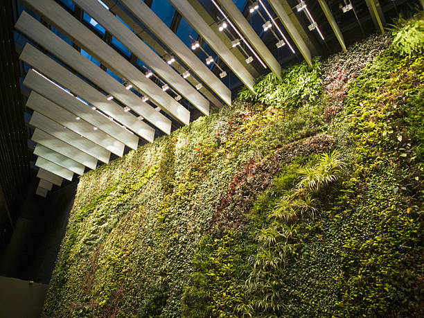 Section of a vertically installed low-maintenance wallscape with beautiful natural greenery wall art using office biophilic design in office tower
