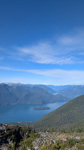 istock Vertical Mountain Landscape – Snow-Capped Peaks, River Valley, and Evergreen Trees Framing Clear Blue Sky 2240208564