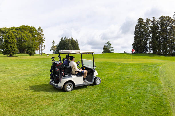 Golf cart sits on a meticulously manicured green, casting a dappled shadow from overhead trees. Overhead view of a golf cart on golf course, with shadows of trees creating natural design on green