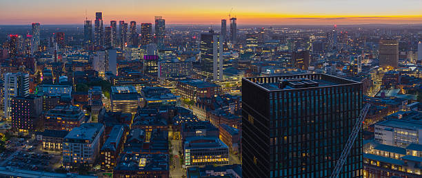 istock Aerial twilight view from Ancoats showcasing Manchester’s skyline glowing beneath a vivid post-sunset sky. 2240212731