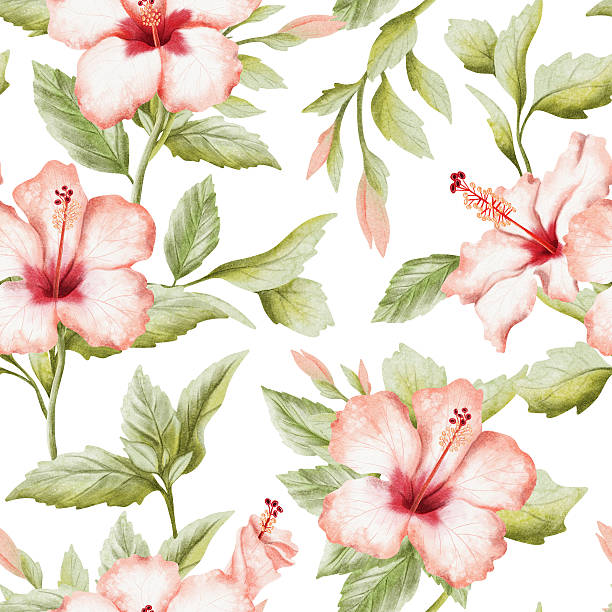 istock Tropical garden watercolor seamless pattern on white. Red green summer hibiscus flowers and leaves with buds on branches. Hand drawn repeat background with Brazil paradise blooming plants 2240213633