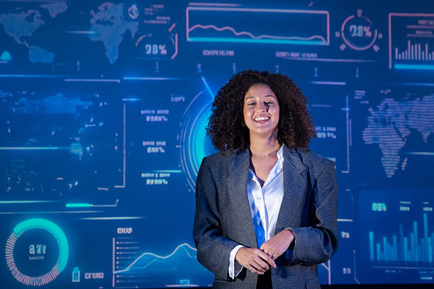 istock Data scientist or business analyst presenting key performance indicators (KPIs) on a futuristic dashboard UI. 2240219236