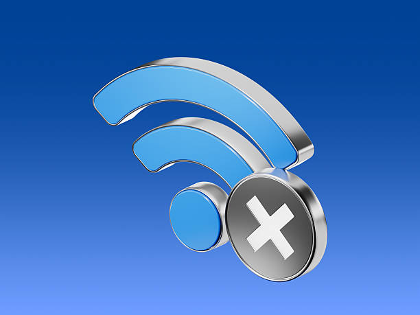 3D icon of a Wi-Fi signal with a cross mark, indicating no internet, connection failure, or network outage requiring troubleshooting and support. stock photo
