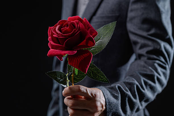istock Elegant Man Holding a Single Red Rose Against a Dark Background 2240227237