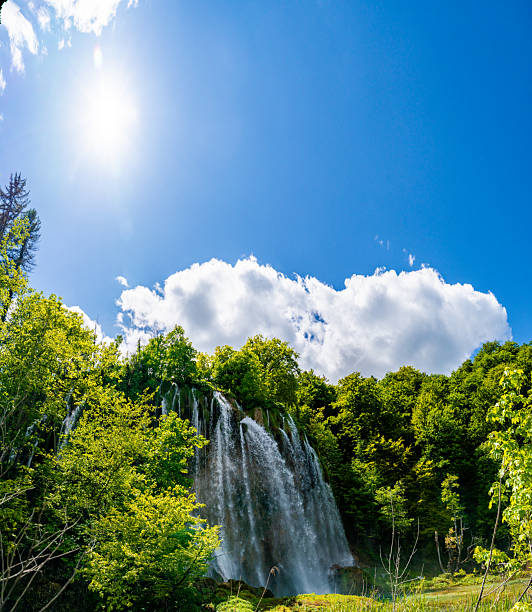 Tall waterfall descends from a forested cliff surrounded by dense green trees under a bright sun and clear blue sky. The wide panoramic angle captures sunlight shining through the foliage, illuminating the flowing water and natural landscape of Plitvice Lakes National Park.