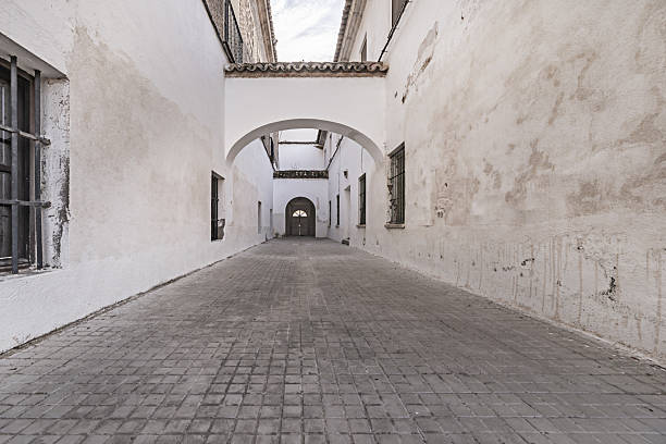 A hallway with whitewashed walls in a building with large arches with terracotta roofs