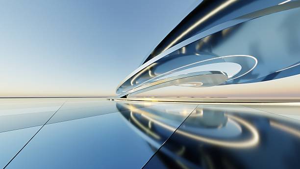 istock 3d illustration of abstract titanium architecture background, Minimal curved geometry architectural, Car presentation backdrop with empty reflected concrete floor, Neon geometric metal building design 2240231956