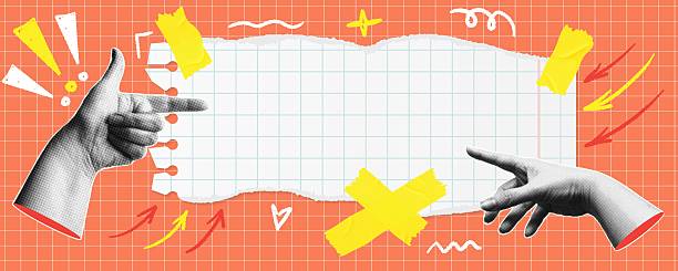 istock A trendy halftone banner with pointing hands and empty part of a torn sheet of paper. Space for your text. A creative Y2K style collage for social media, postcards, and advertising 2240233917