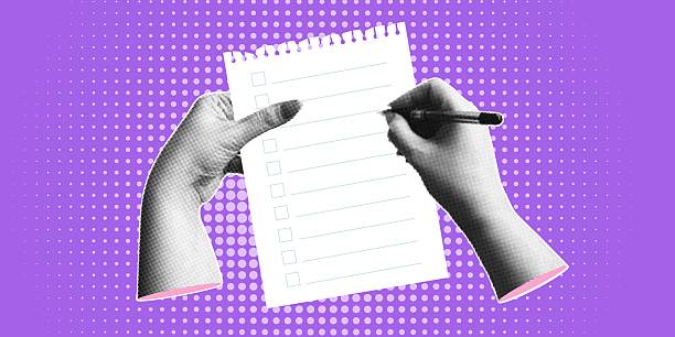 istock Trendy halftone banner with hands holding pen and empty sheet of paper. To do or checklist. Modern retro style.Contemporary collage for design template. Vector illustration 2240234199
