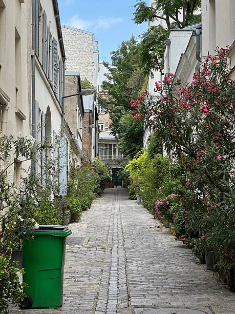 Charming cobblestone alley in Paris, lined with greenery and flowers.