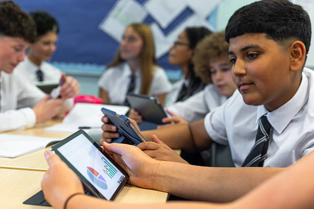 Close-up shot of a group of students sitting around a table in the classroom of a school in Newcastle upon Tyne, North East England. They are all focusing on digital tablets, various stationary on the table. The group is multiracial and they are wearing school uniforms.Videos similar to this scenario available.