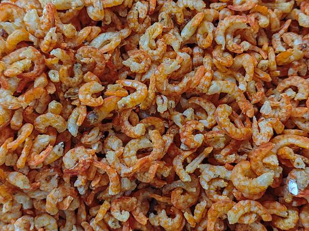 Close-up texture of dried small shrimps. Natural seafood ingredient widely used in Asian cuisine for soups, sauces, and snacks. Detailed macro background showing orange tones and crispy texture.