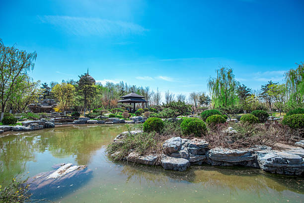 istock A serene pond with lush greenery and traditional pavilions under a clear blue sky 2240249301