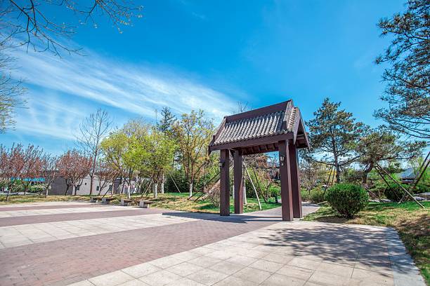 istock A peaceful park scene with a traditional pavilion under clear blue sky 2240249316
