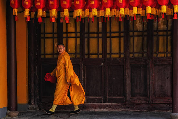 Shanghai, China - 3 January 2024: Monks at Longhua temple Shanghai