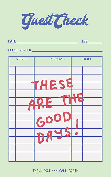 A vintage guest check features a handwritten message in bold letters. The nostalgic design includes table details and a friendly note. Cartoon vector illustration.