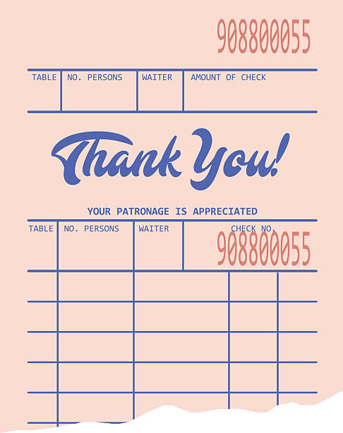 A vintage restaurant receipt with bold thank you text and table details in a retro style. The layout includes sections for table number, waiter, and check amount. Cartoon vector illustration.