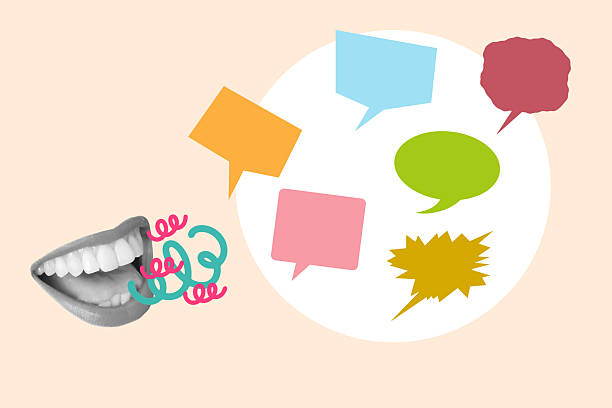istock Collage of a mouth doing speaking gesture with blank colored speech bubbles on a white circle on a beige background 2240257419
