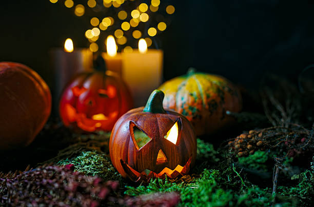 Carved pumpkins glowing with candlelight among moss, candles, and fairy lights, creating a warm and spooky Halloween atmosphere at night near front door. Copy space for text, close-up - Halloween, Thanksgiving