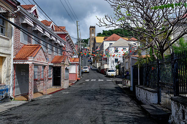 St George in Grenada - a street showing interesting buildings as well as the Catholic Cathedral in the distance.