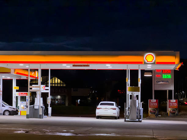 Vintage Auto Shop and Gas Station shot at night in East Portland Oregon.