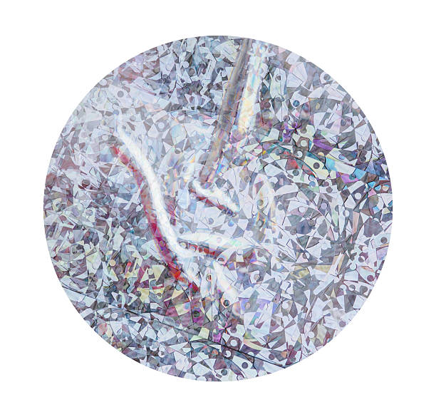 Iridescent Round holographic texture duct sticker with blue shimmer effect and abstract reflection, light background security