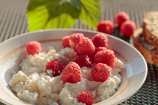 Ricotta or cottage cheese with fresh raspberries. A simple country breakfast, natural morning sunlight.