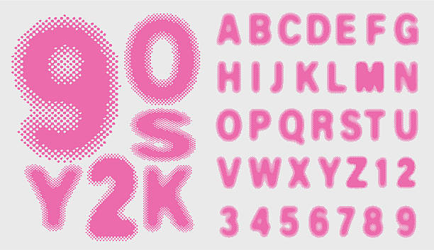 Vector illustration of a Retro 90s Y2K Bold pixelated bitmapped font design alphabet includes capital letters and numbers. Individually grouped. Light gray background. Download features vector EPS and high resolution jpg download.