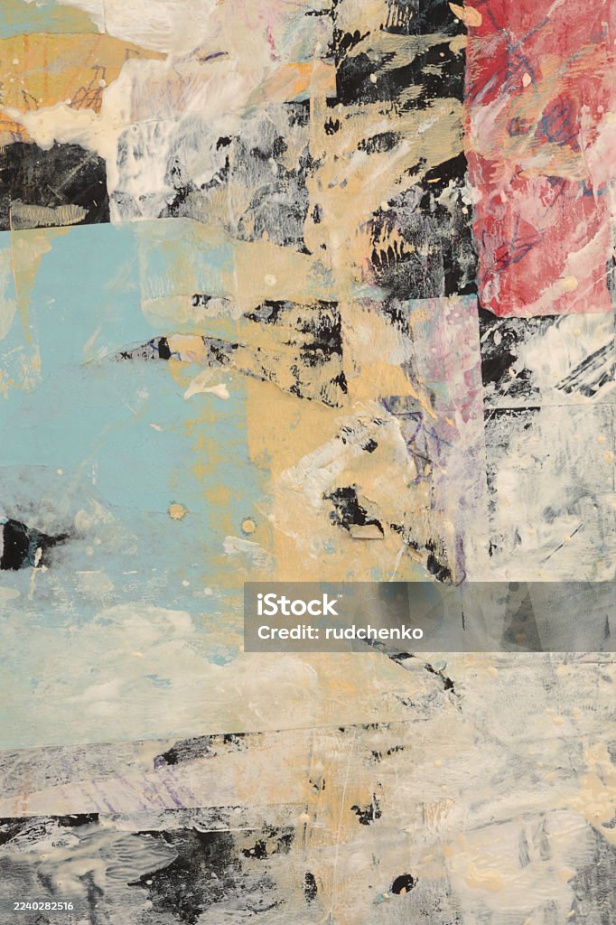 Torn, ripped paper pieces collage. Art Acrylic hand drawn brush stroke smear blot painting wall. Abstract grunge dirty texture background. Abstract Stock Photo Torn, ripped paper pieces collage. Art Acrylic hand drawn brush stroke smear blot painting wall. Abstract grunge dirty texture background. Abstract Stock Photo