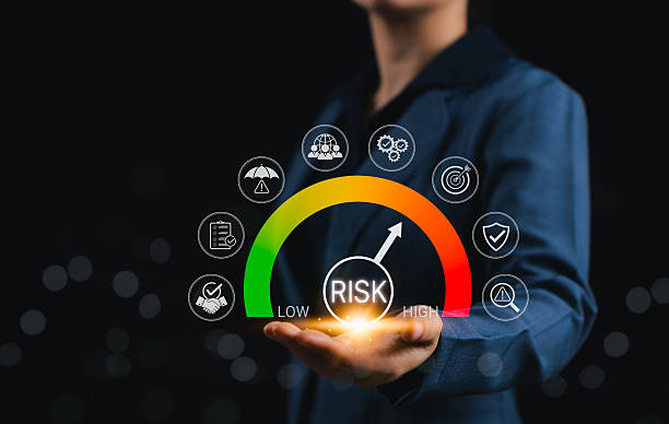 istock Risk assessment and management performance indicator gauge. Risk level gauge from low to high, performance evaluation, analysis, strategic planning and decision-making process for business continuity 2240286504