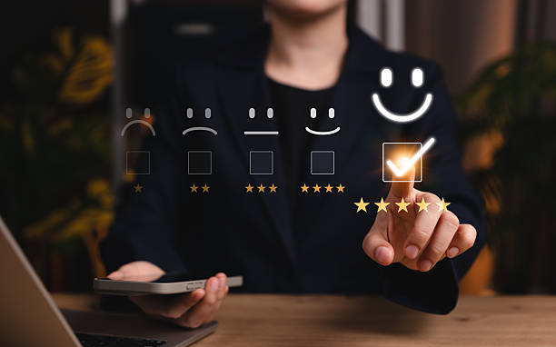istock Customer review satisfaction feedback survey concept. User selects five-star rating on virtual interface, showcasing customer satisfaction, feedback and survey evaluation in internet networking. 2240286519