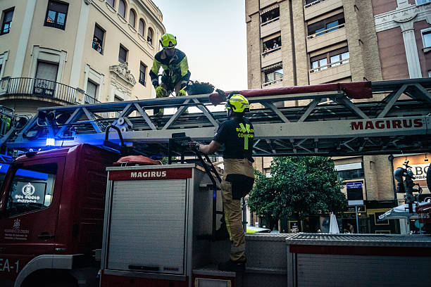 Cordoba, Spain, October 2, 2025 Firefighters work on the streets of Cordoba, southern Spain. Traffic has been cut off as a safety precaution.