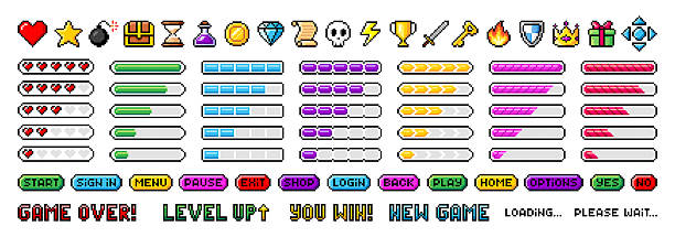 pixel art herní ikony. pixelová vektorová ilustrace herních tlačítek, ukazatel průběhu. retro 8 bit pixel aktiva pro hru - pixel art stock ilustrace