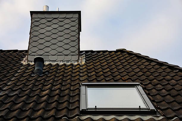 Tiled roof with dormer windows and chimney pipes