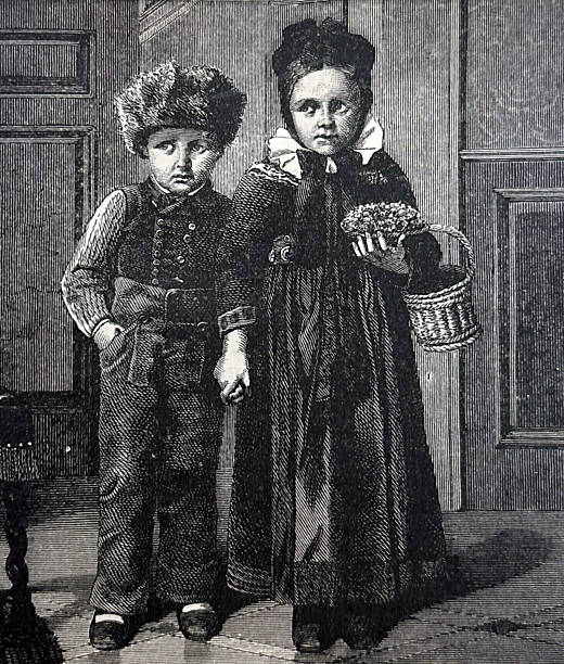 Antique illustration pre 1900 -  a young girl and young boy standing in formal winter wear holding hands