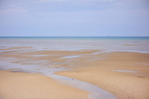 Expansive Low Tide Beach Landscape with Rippled Sand and Calm Ocean