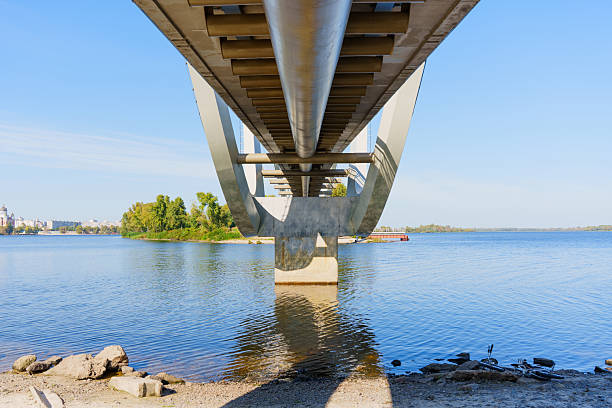 Stunning view of the Wave Bridge showcasing its unique structure above calm waters in Kyiv.