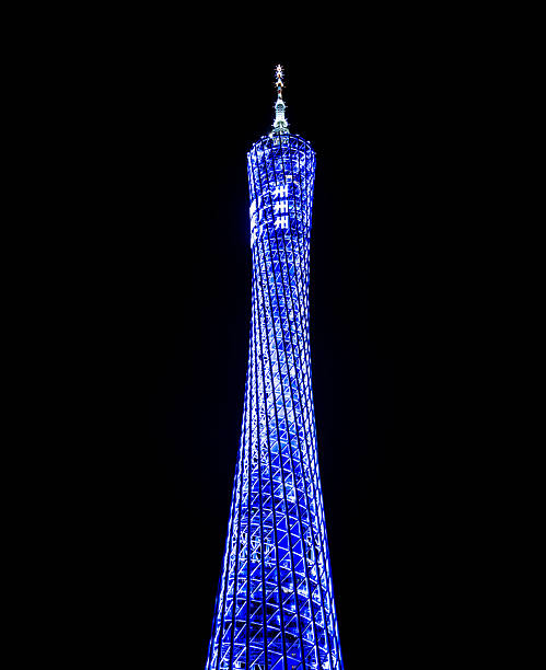 Guangzhou, Canton, China, 2 March 2025: illuminated Canton Tower glowing blue against night sky, modern architectural landmark symbolizing innovation and urban identity in southern China.