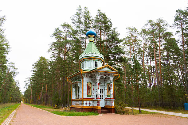 istock Ornate traditional wooden chapel in a dense pine forest 2240310886