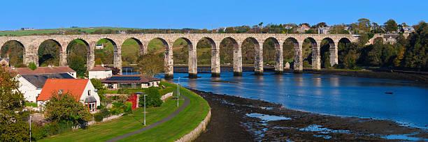 istock Berwick-upon-Tweed panoramic skyline with the Royal Border Bridge railway viaduct arching gracefully over rooftops of traditional houses and River Tweed in North East England 2240312569
