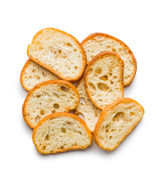 Crispy roasted bruschetta bread isolated on white background.