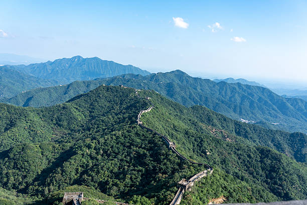 istock A high-angle view shows the Great Wall of China winding down a steep, forested mountain. The ancient fortification cuts through the lush landscape under a clear blue sky 2240319952