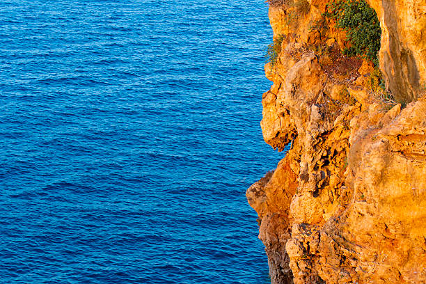 Warm sunlight shines on an orange-brown cliff next to a deep blue ocean. The cliff has a rough surface with small green plants. The sea is calm and peaceful, with gentle ripples. The strong contrast between land and water creates a dramatic and eye-catching scene. It also shows freedom, adventure, and peaceful solitude. This image is ideal for nature, travel, wellness, summer, and relaxation themes.