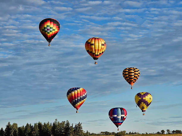 September 3, 2024, a small group of colorful hot air balloons flying above the farmland.