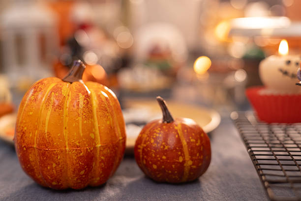 Close up large orange pumpkin, Halloween decorations