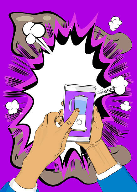 istock Cartoon Smartphone, comic book Telephone with Food Blender. Retro vector comics pop art design. 2240359182