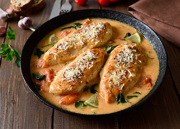 istock Chicken breast in creamy sauce with tomatoes and spinach 2240370975