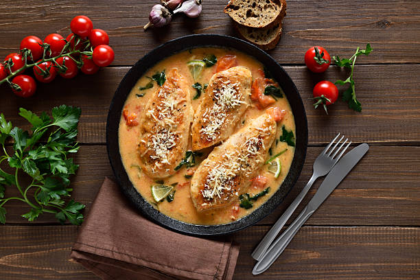 istock Chicken breast in creamy sauce with tomatoes and spinach 2240370990
