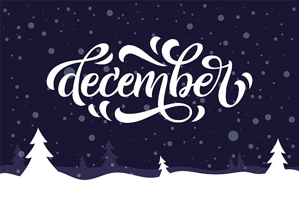 December quote on blue background. Holiday greeting card with spruce, snow and calligraphy elements. Vector illustration for greeting cards, invitations, and other printing projects.